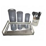 Gray Canister Set With Utensil Holder and Tray