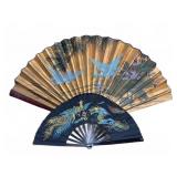 Pair Japanese Folding Fans, Bird And Dragon