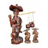 3 Carved Wood Oriental Fisherman Figures