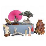 Asian Decorative Figurines Vase and Bonsai Group