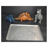 3 Plastic Dinosaur Toys and Metal Tray