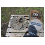 PALLET W/ WORKING FAN, OLD ELECTRICAL BOXES