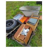 PALLET OF OFFICE SUPPLIES,DAMAGED WHEELBARROW,