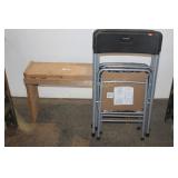 WOOD BENCH W/ 3 FOLDING CHAIRS
