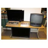 GROUP OF TELEVISIONS AND DESK