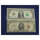1963 RED SEAL $5 BILL & 1963-B CRISP $1 BILL