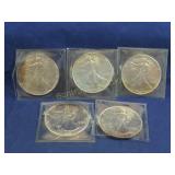 5 SILVER EAGLES DOLLARS 2-90,1-91, 2-92