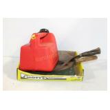3 HAND SICKLES AND 1.5 GALLON GAS TANK