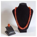 Lot: Amber Necklace & Sterling & Amber  Ring