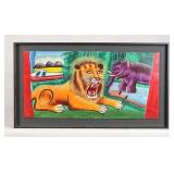 Painting on Tin of Lion and Elephant