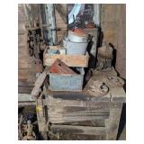 ANTIQUE TABLE WITH VISE, TOBACCO TINS, AND MORE