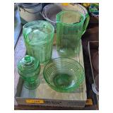 GREEN DEPRESSION GLASS PITCHERS & BOWL