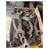 VINTAGE WRENCHES AND LARGE T HANDLE DRILL