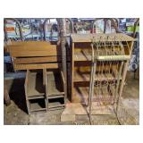WOOD SHELF, BOXES, AND METAL WINE RACK