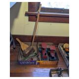 ANTIQUE KIDS STEAMROLLER, WOOD CRANE