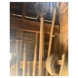 CORNER OF HAND TOOLS, HOES, APPLE PICKERS, SAWS, +