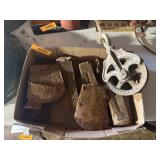 ANTIQUE PULLEY, AXE HEADS, AND WEDGES