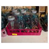 LARGE BLUE AND CLEAR GLASS JARS WITH GLASS COVERS