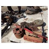 PALLET OF TRACTOR WEIGHTS, DRAWBAR, CHAINS,