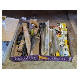 2 BOXES OF DOOR HASPS, SNIPS, HAND PLANE, MORE