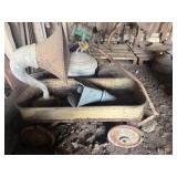 ANTIQUE KIDS METAL WAGON AND 2 ANTIQUE MEGAPHONES
