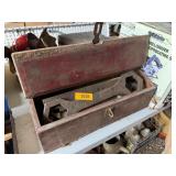 WOOD TRACTOR TOOLBOX WITH OLD WRENCHES, ETC