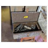 VINTAGE KITCHEN STOOL, GREASE GUN, AND CHAIN