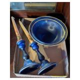BLUE & GOLD-RIMMED BOWL & CANDLE HOLDERS