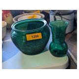 2 GREEN GLASS VASES - ANTIQUE
