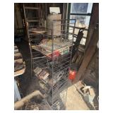 METAL RACK WITH CAR PARTS, LIGHTS, AND MORE