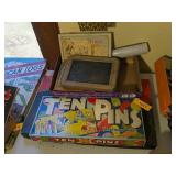 VINTAGE KIDS TABLE TENNIS, 10 PINS & MORE