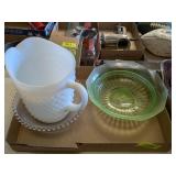GREEN DEPRESSION GLASS BOWL, MILK GLASS, AND MORE