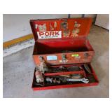 METAL TOOLBOX WITH HITCH PINS, PIPE WRENCH & MORE