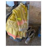 FIREMANS JACKET & 3 PAIRS OF FIRE BOOTS