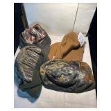 Four stocking hats three camouflage one brown