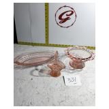 Three pieces of pink Depression glass