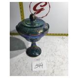 Carnival glass dish on pedestal with lid