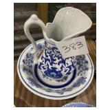 Blue and white pitcher bowl
