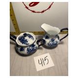 Blue and white cream and sugar