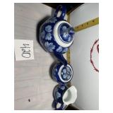 Blue and white tea pot with cream and sugar