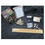 Group of pins, jewelry box, picture frame, etc.