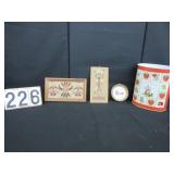 Native American sand painting & trash can