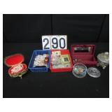 Group of Stamps, buttons, costume jewelry, etc.