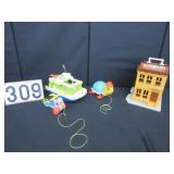 3 Fisher Price pull toys, etc.