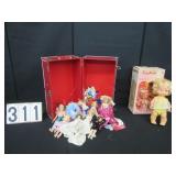 Red case of vintage dolls & Baby Tender Love doll
