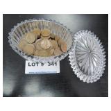 Candy dish of 77 wheat pennies