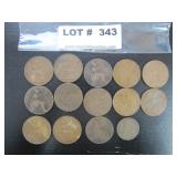 Foreign 13 - 1 Penny coins & 1 - Half Penny coin