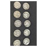 10 Mercury Dimes with mint marks