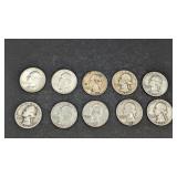 10 Silver Washington Quarters
