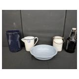 Group of Assorted Enamelware & Bottle